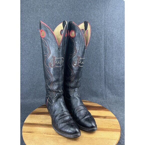 Vtg Justin Tall Elephant Print Spellout Buckaroo Leather Boots Black Red 6.5D - Picture 2 of 12